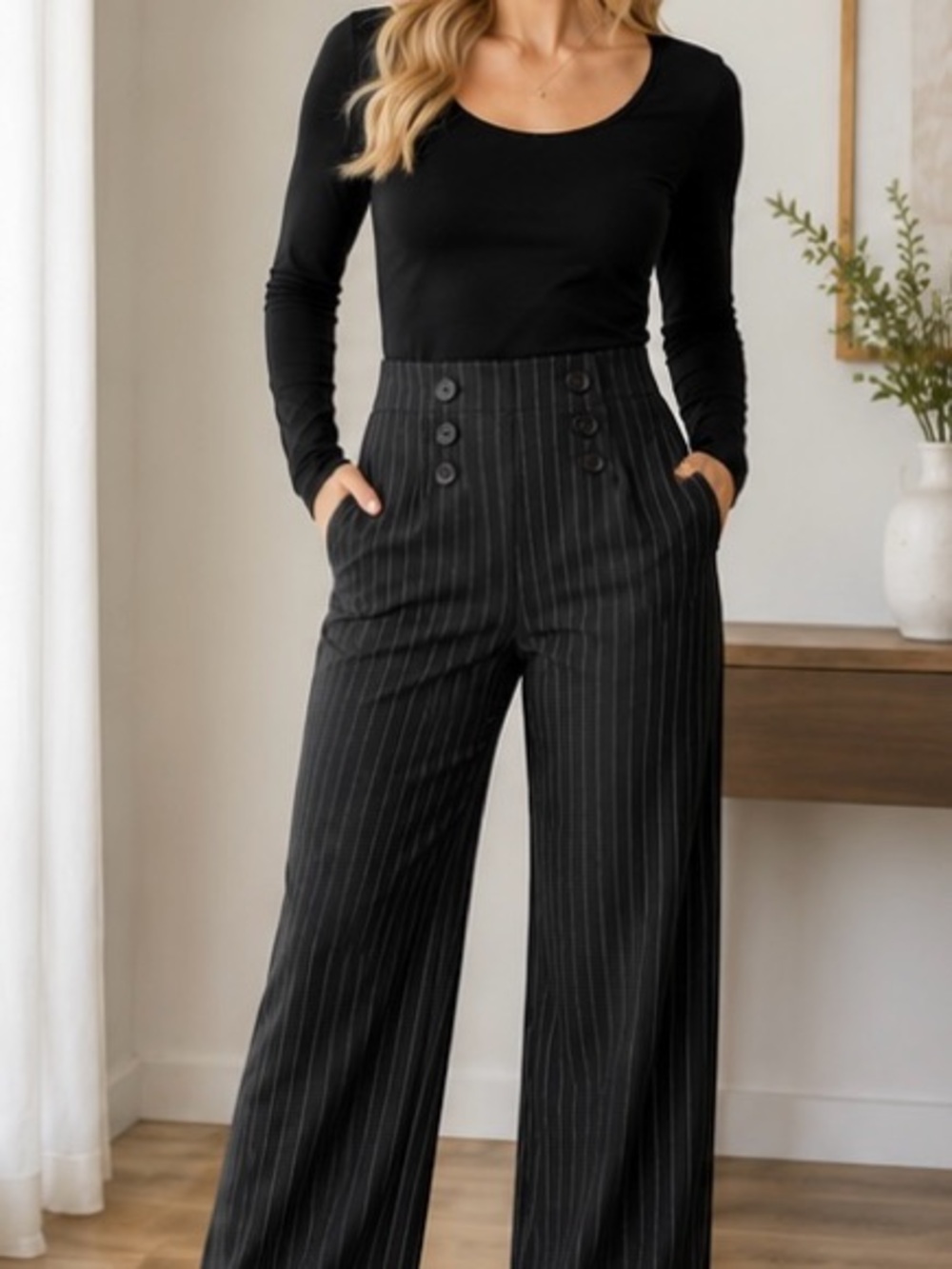 Max Studio Black Pinstripe High-Waist Chic Wide-Leg Trousers